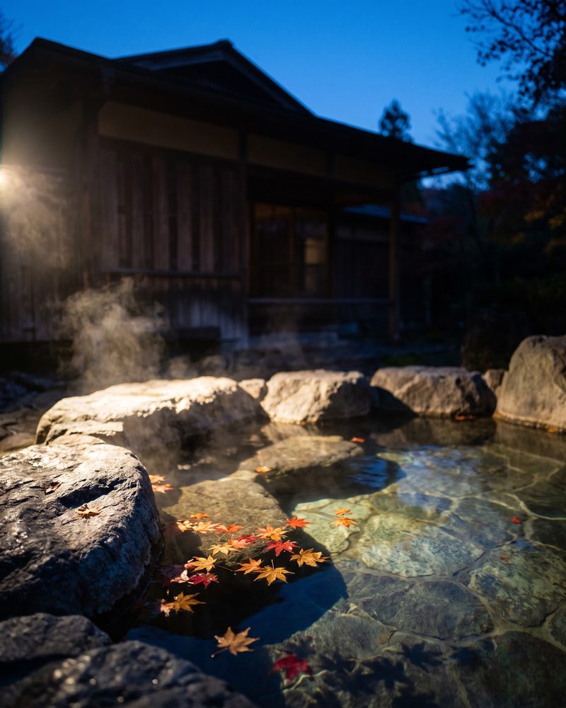紅葉に囲まれた温泉旅館の露天風呂のイメージ