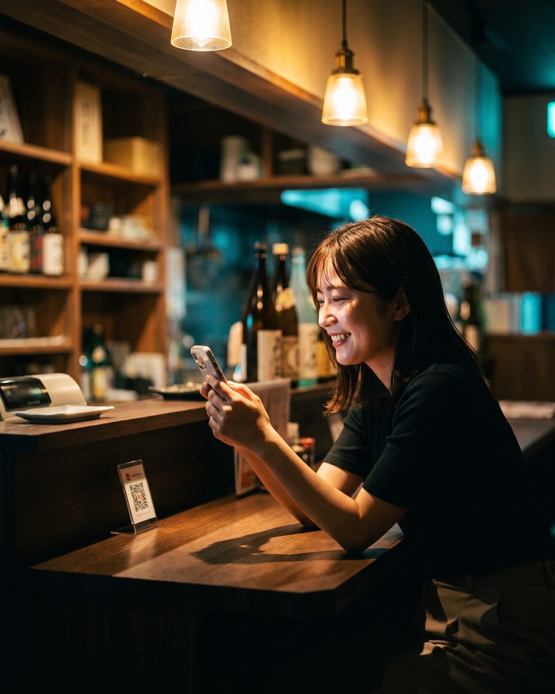 カウンター席でスマホを見るお客様がいる飲食店のイメージ