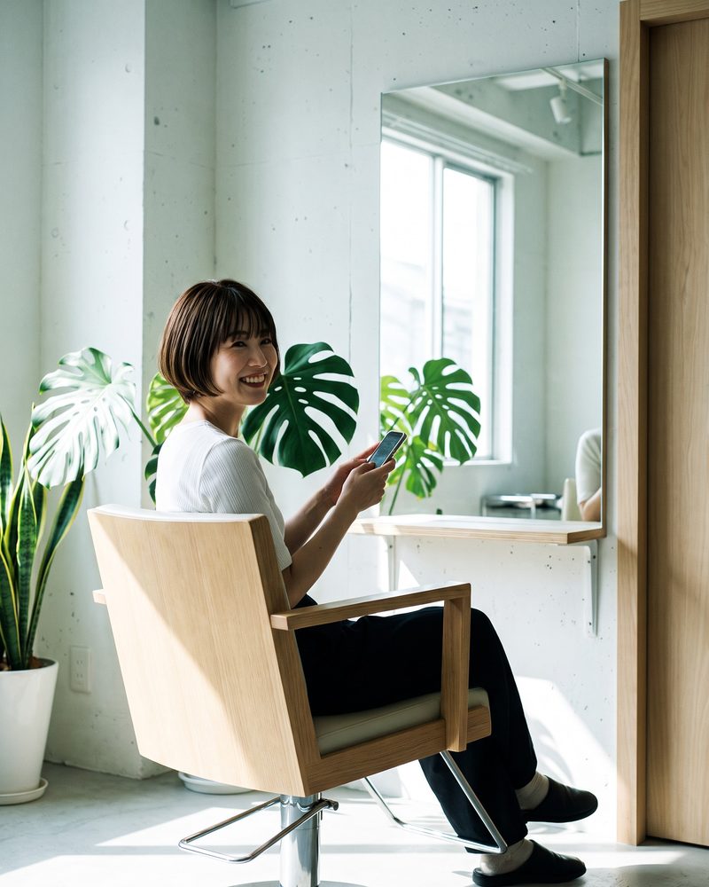 スマホを手に座るお客様がいる美容サロンのイメージ